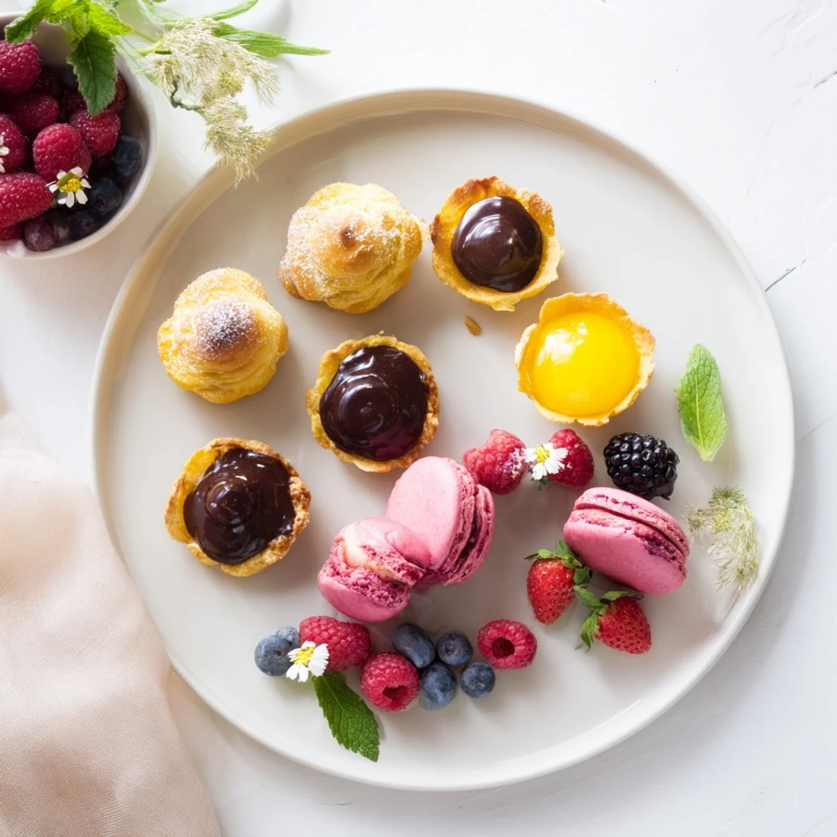 Close-up of the beautiful Montgolfière dessert platter: Choux puffs, berries, and delightful French treats.