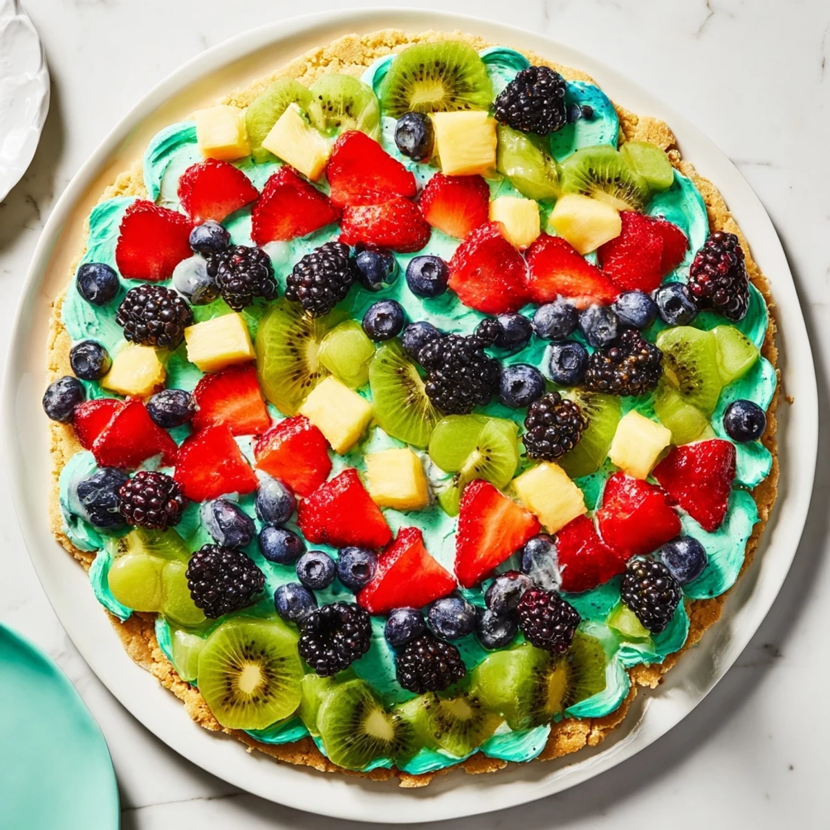 Enjoy the visually stunning Under the Sea Mermaid Tail Fruit Pizza, complete with a buttery sugar cookie base.