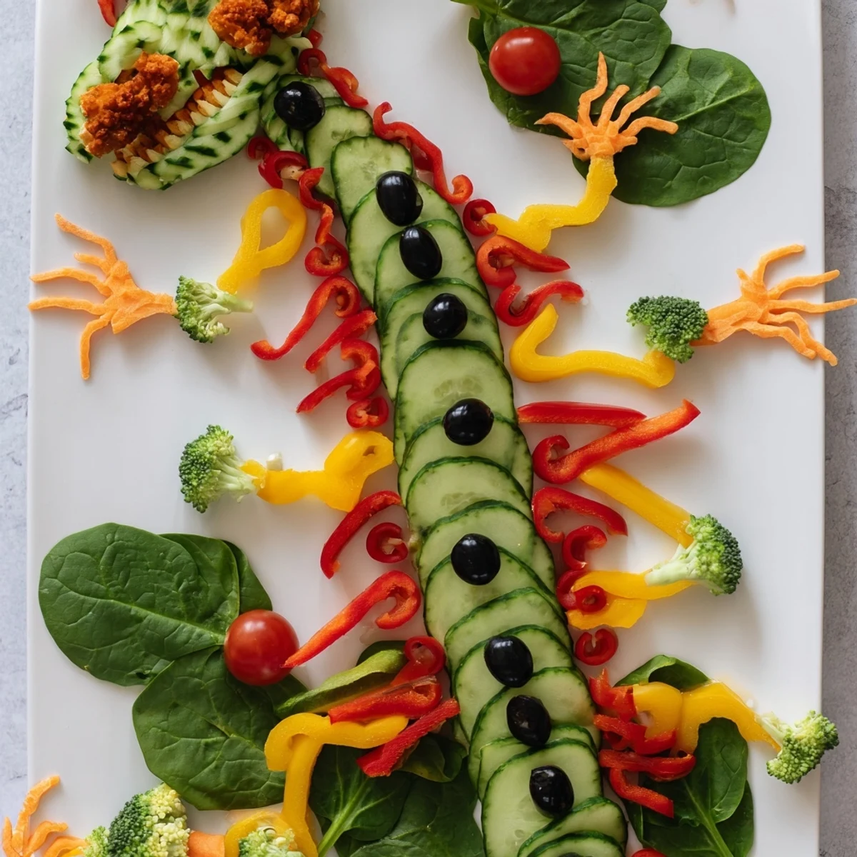 A vibrant T-Rex Fossil Crudités platter showcases colorful vegetable "bones" with creamy ranch dip.