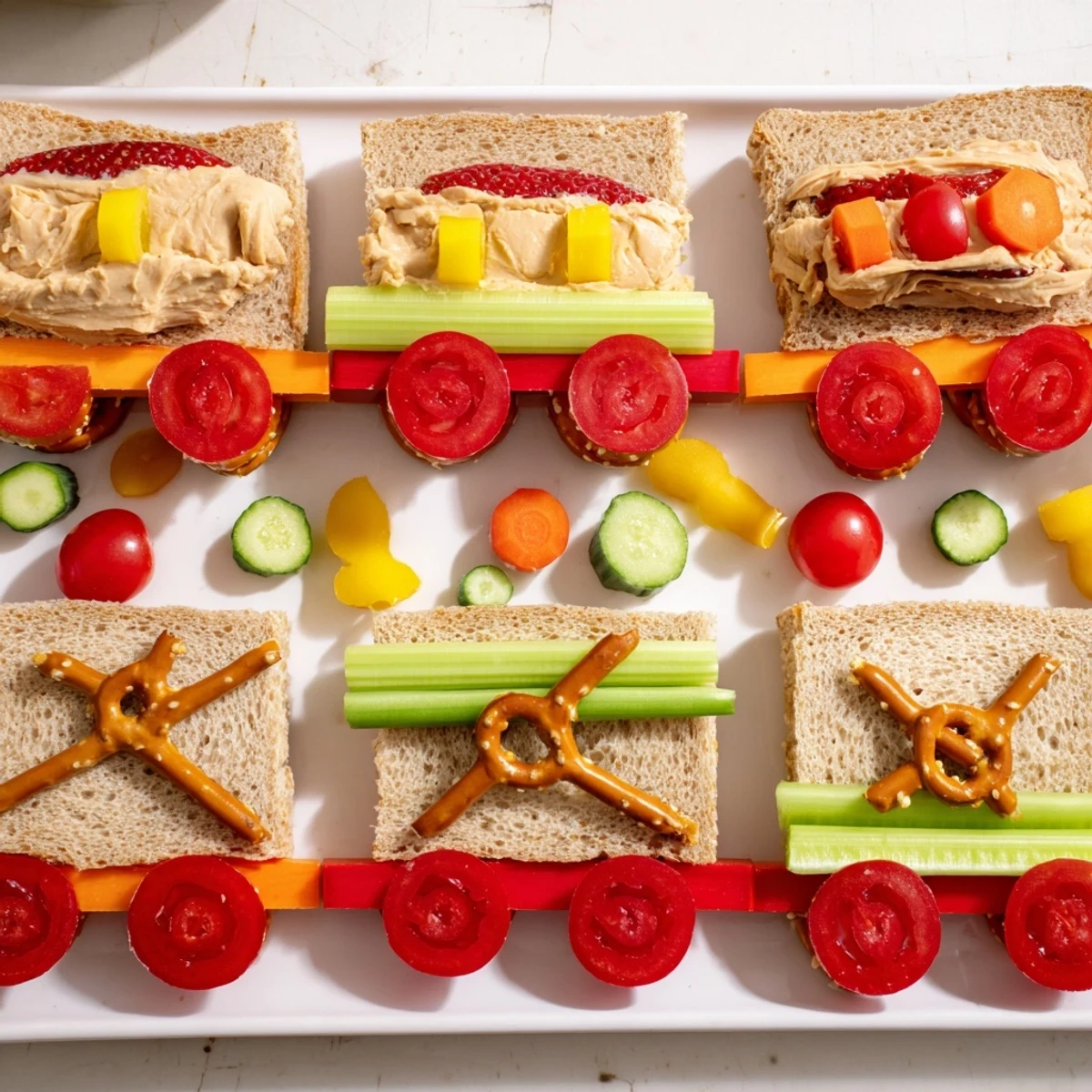 Colorful Train Track Sandwich Board with creative train car sandwiches ready to eat.