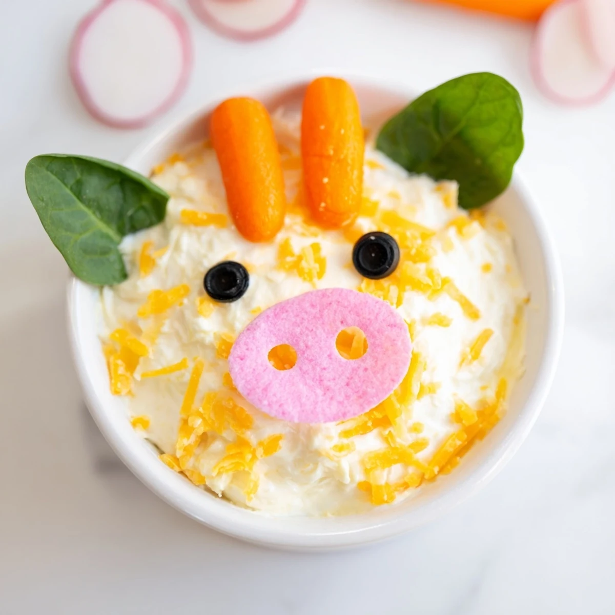 Creamy Piggy Face Dip, served in a fun vegetable-decorated bowl, with colorful, crunchy dippers.