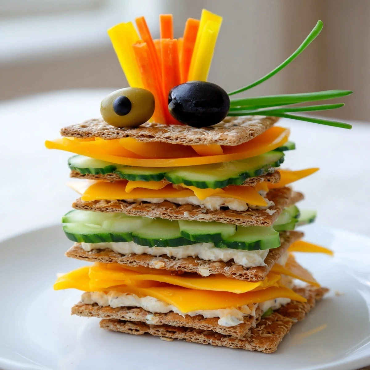 Enjoy the crunchy layers of this whimsical Giraffe Tall Cracker Stack featuring fresh ingredients and fun shapes.