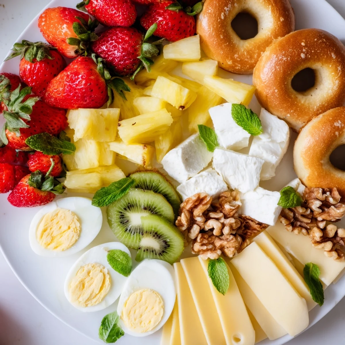 A Good Morning Sun Breakfast Board overflowing with fresh fruit, croissants, and delicious cheeses for sharing.