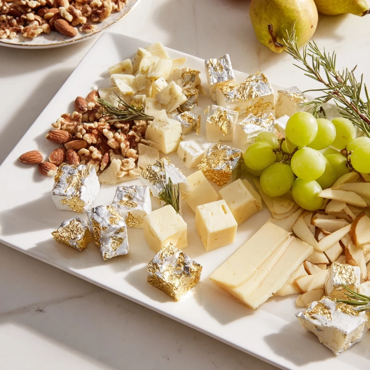 Festive Gold and Silver Cheese Cube Board with glistening edible leaf, a delicious appetizer for a party.