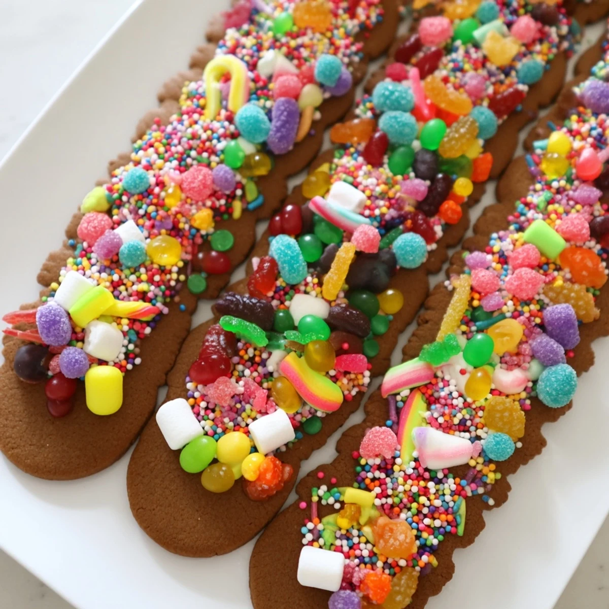 A whimsical Candy Land Gingerbread Path Dessert Board packed with colorful candies and sweet treats.