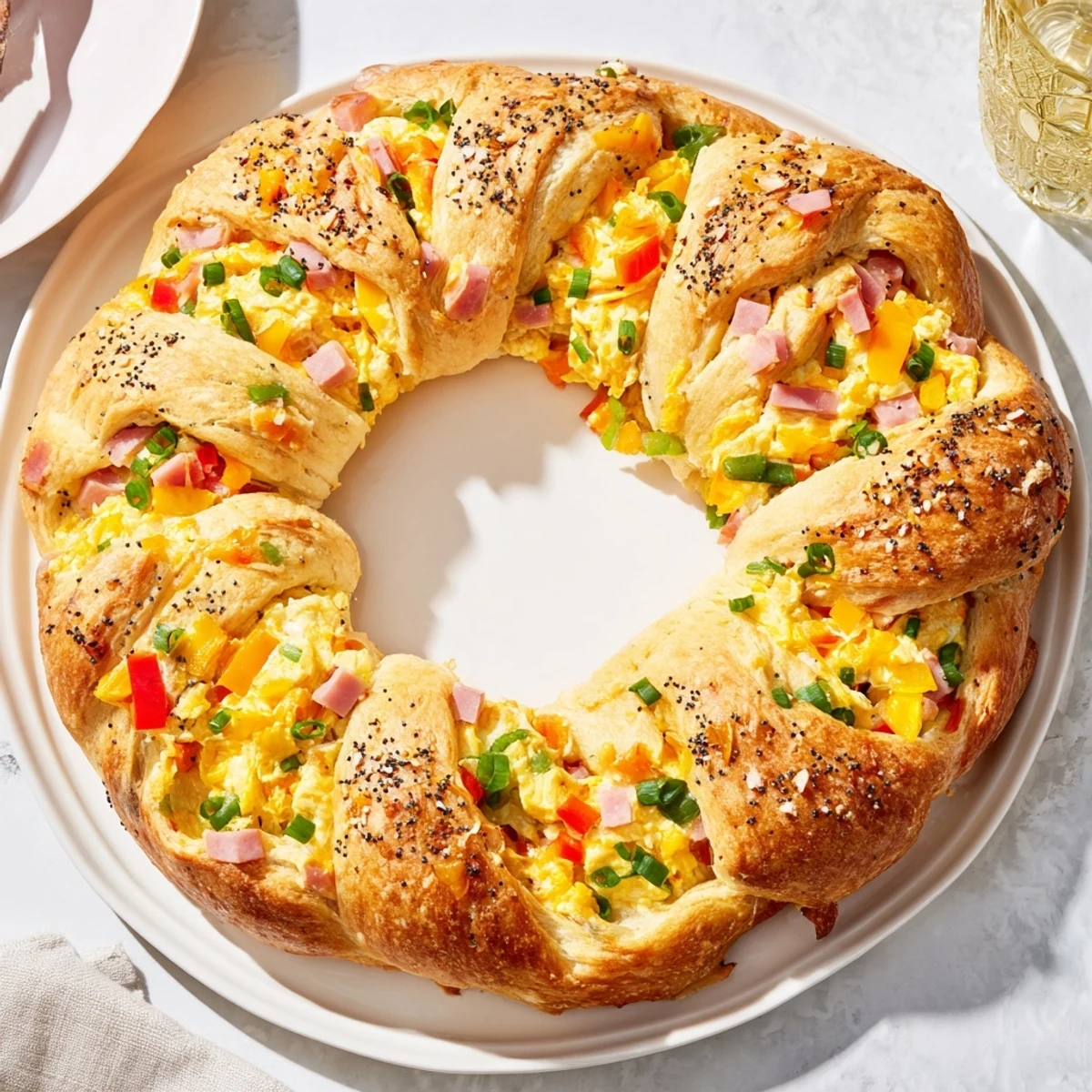 Enjoy this easy homemade Wreath-Shaped Egg and Ham Bake, a stunning holiday meal or gathering centerpiece.