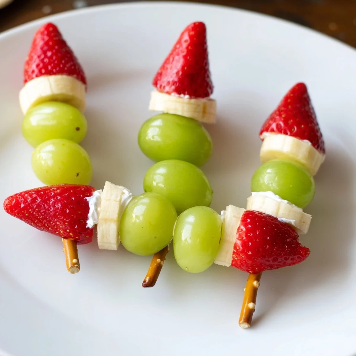 Elf Hat Strawberry Skewers: vibrant, festive fruit skewers with ripe strawberries, bananas, and a grape pom-pom.