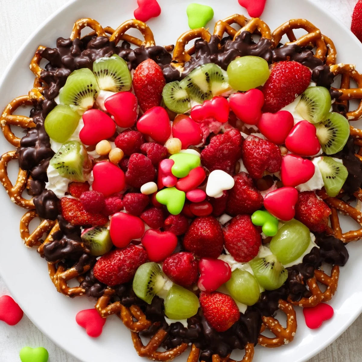 A tempting Grinch Heart Pretzel Board with colorful fruits, candies, and sweet dips for snacking.