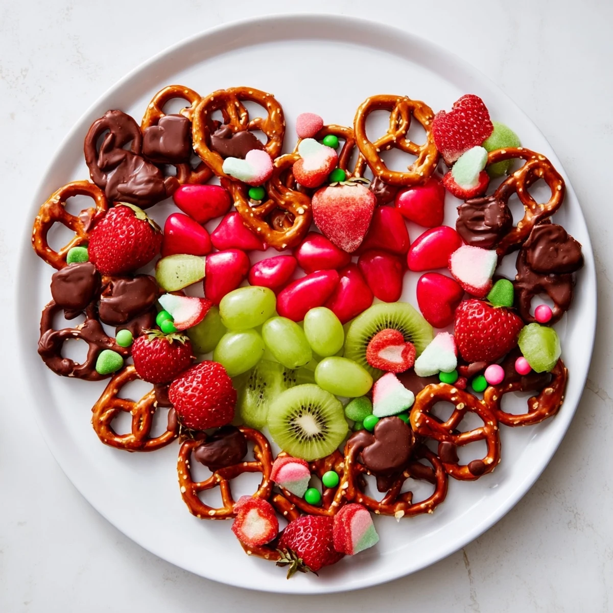 This festive Grinch Heart Pretzel Board showcases a colorful arrangement of pretzels, fruits, and treats.