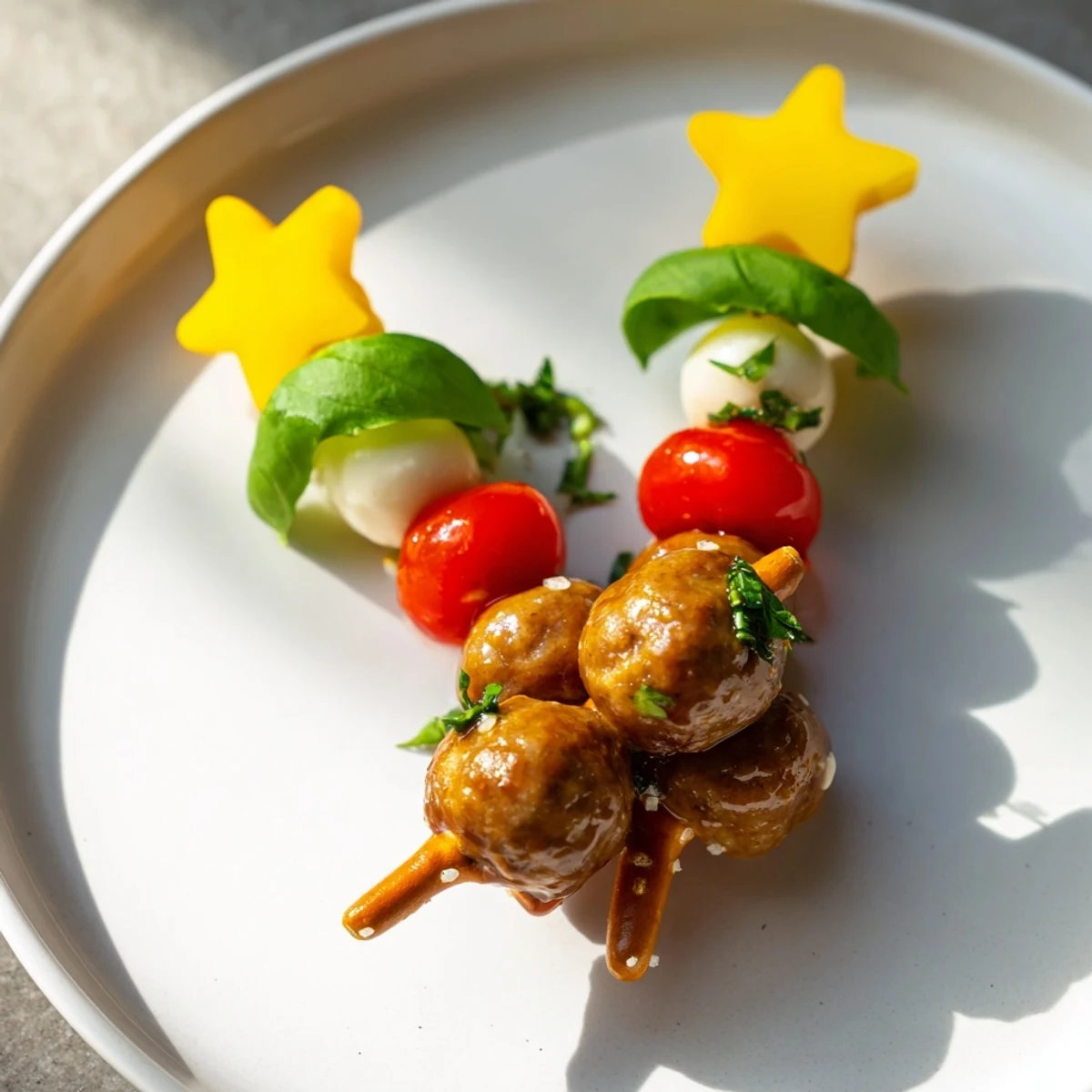 A close-up reveals detailed, delicious savory mini meatball Christmas Trees with vibrant toppings and pretzel "trunks".