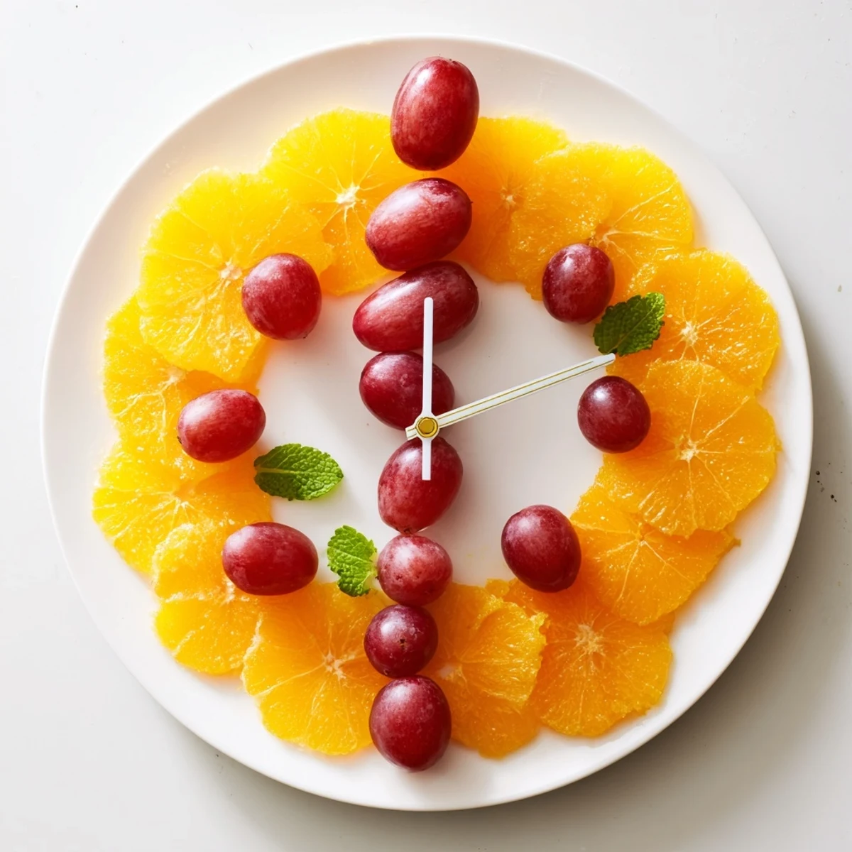 A vibrant photo of a healthy grape and orange slice clock face ready for a family brunch spread.