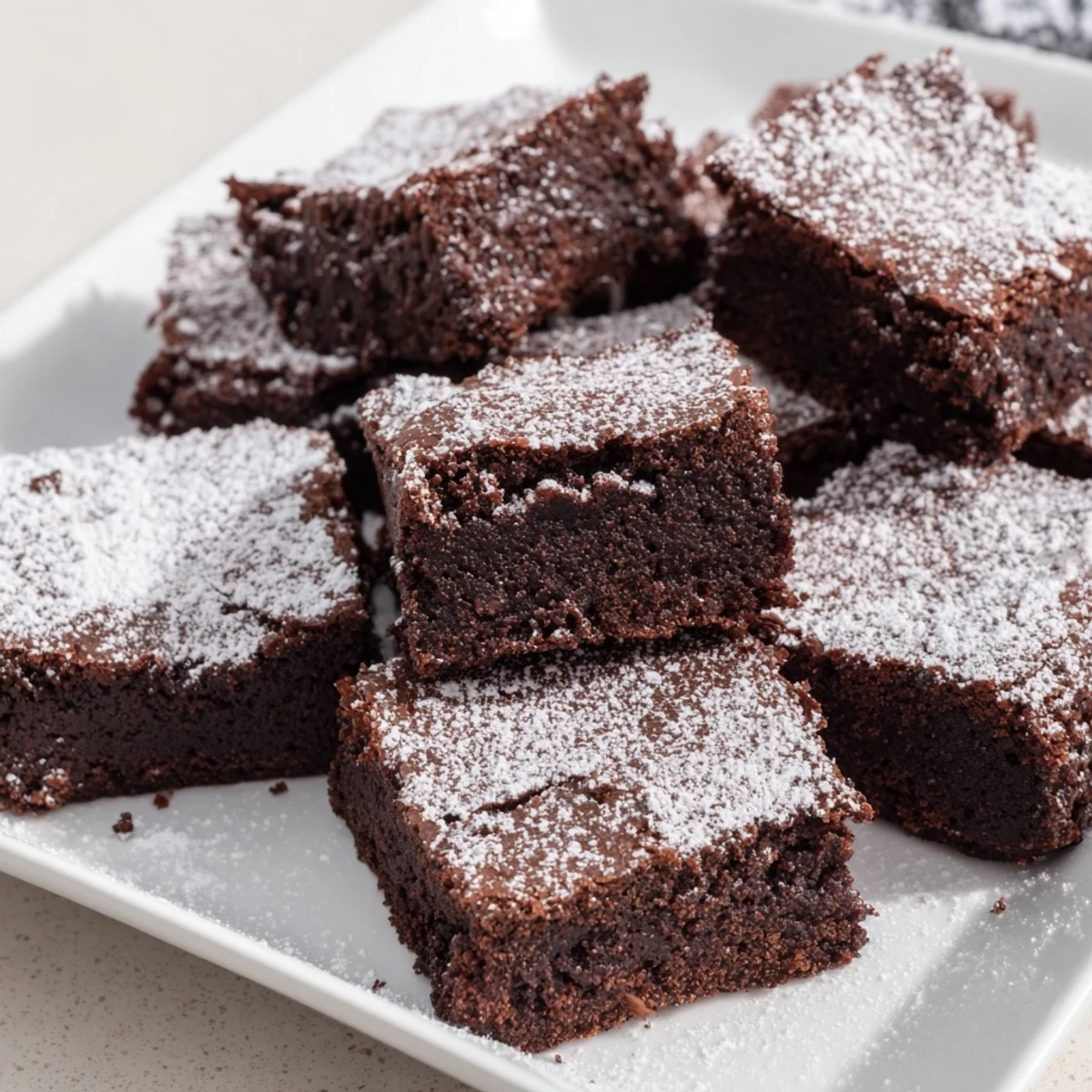 Rich, chocolatey brownie squares with a light powdered sugar finish, perfect for sharing and enjoying.