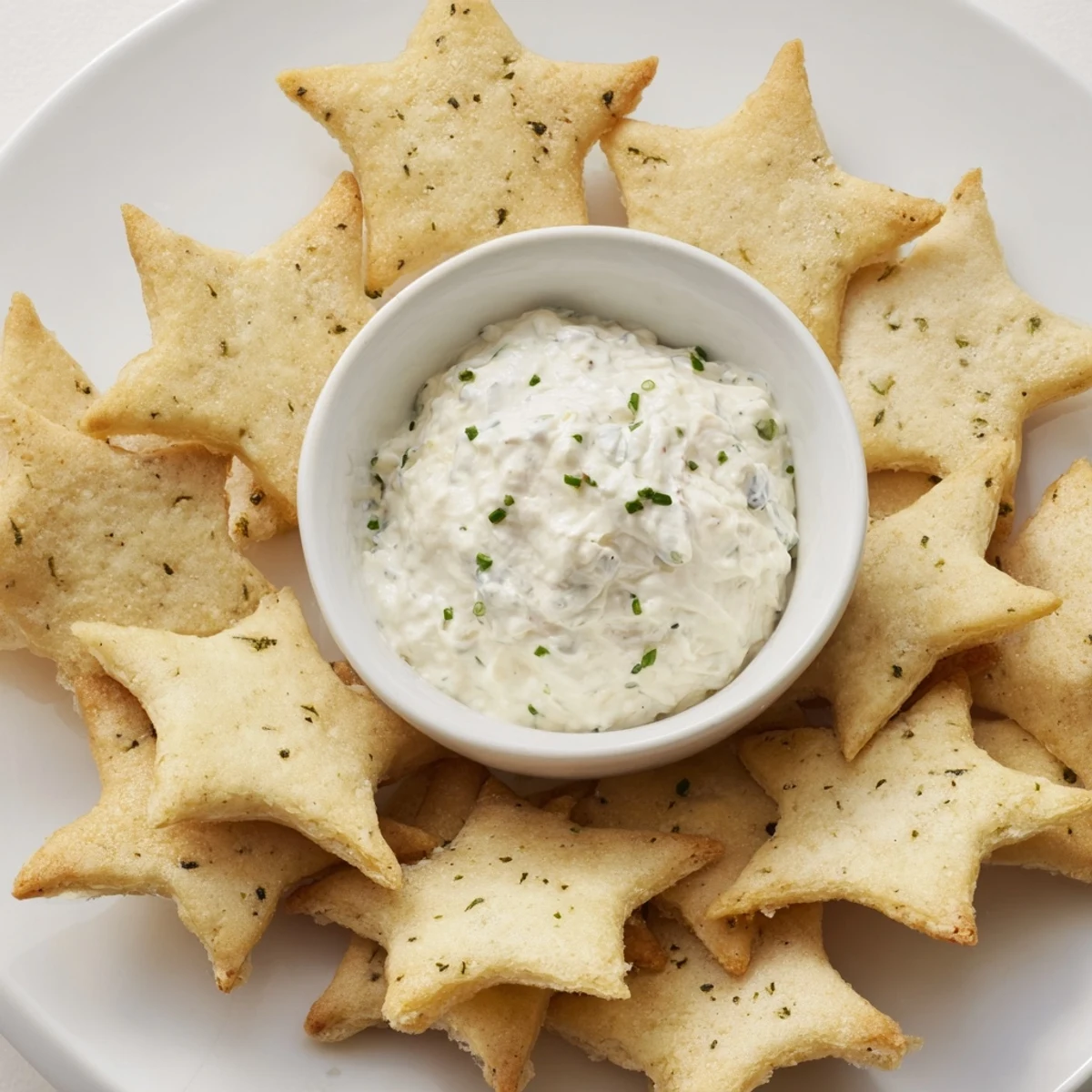 Golden, crisp Holiday Crackers arranged around a creamy, herb-infused dip perfect for a holiday appetizer.