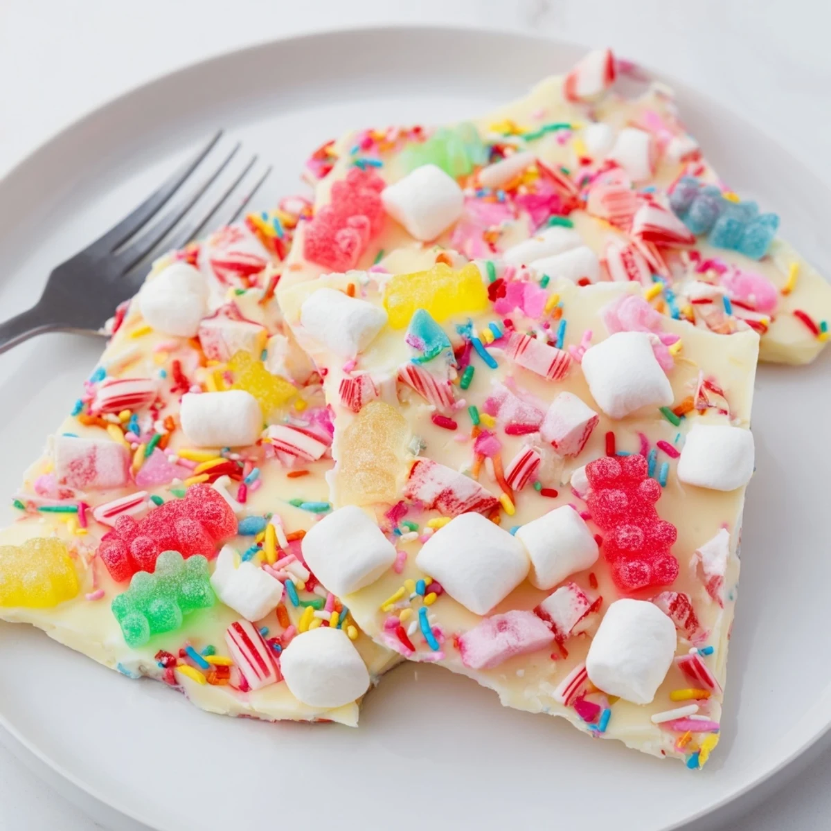 Picture this: scattered gummy bears and candy canes sit atop a white chocolate bark confection.
