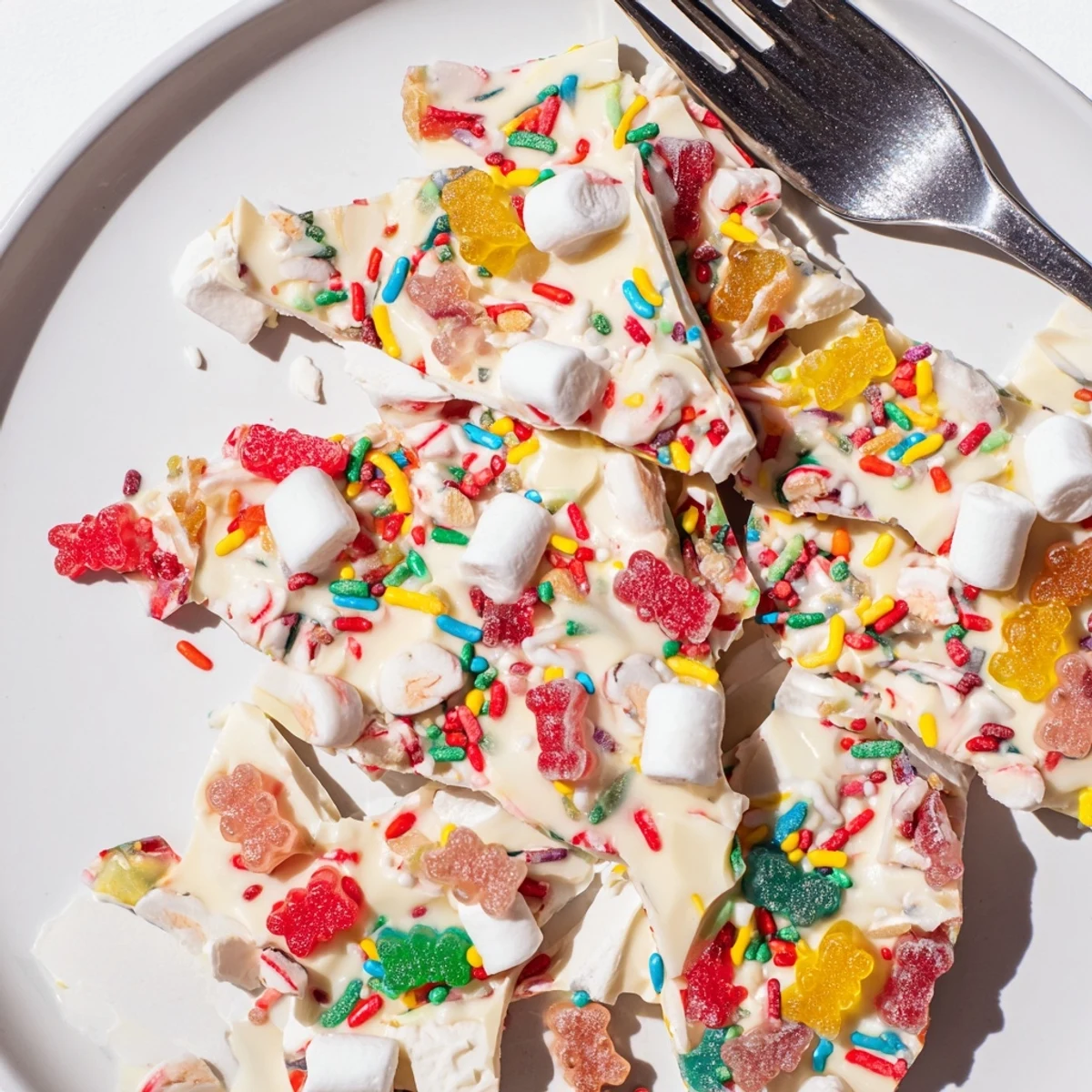 Sweet Treats: Gummy Bears and candy canes adorn white chocolate, a delightful, festive snack.