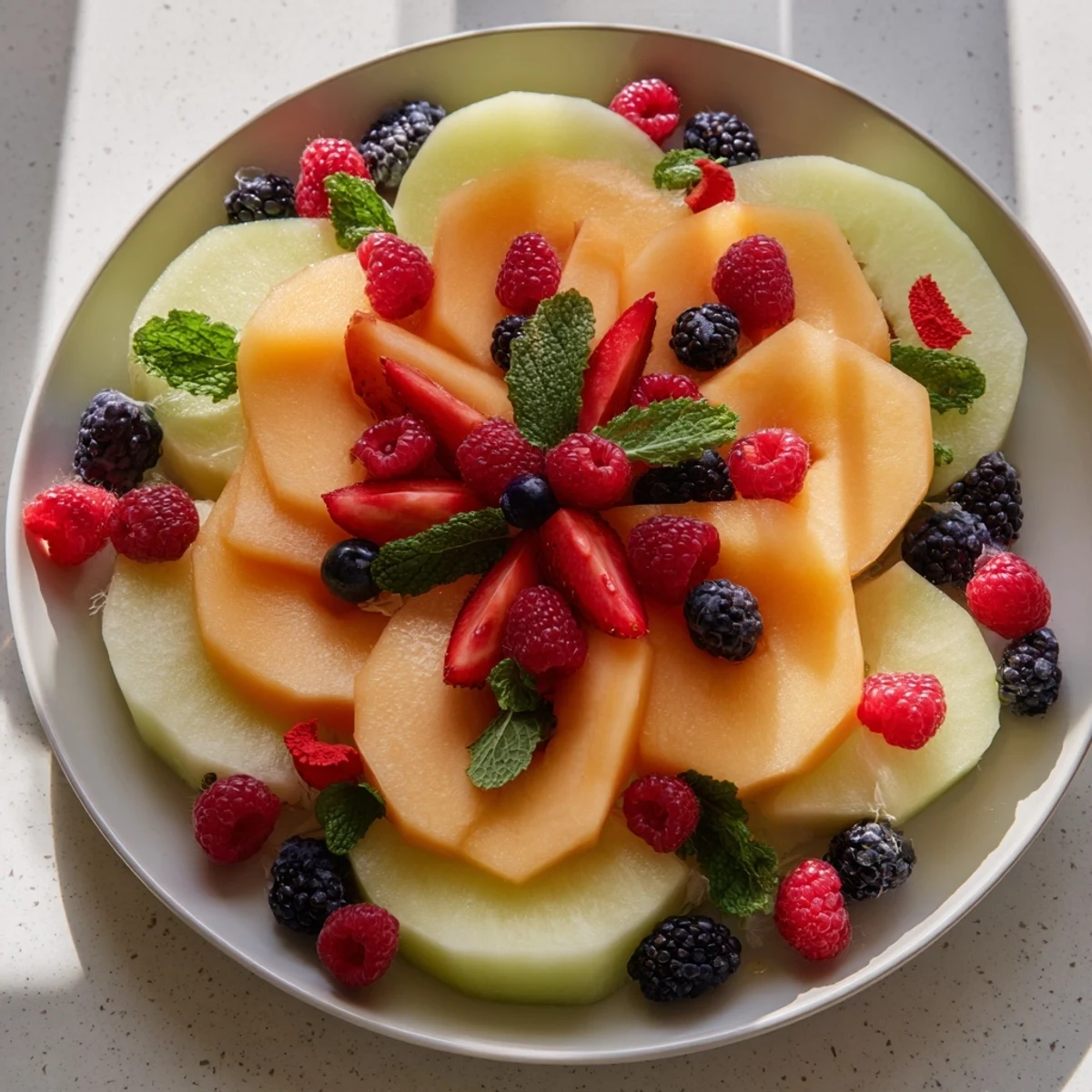 A colorful fruit platter, beautifully layered circles, showcases sweet melon and assorted berries for guests.