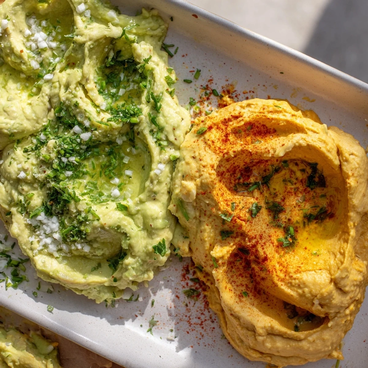 Vibrant Dip Trio, featuring creamy avocado, roasted red pepper, and turmeric hummus, perfect for dipping.