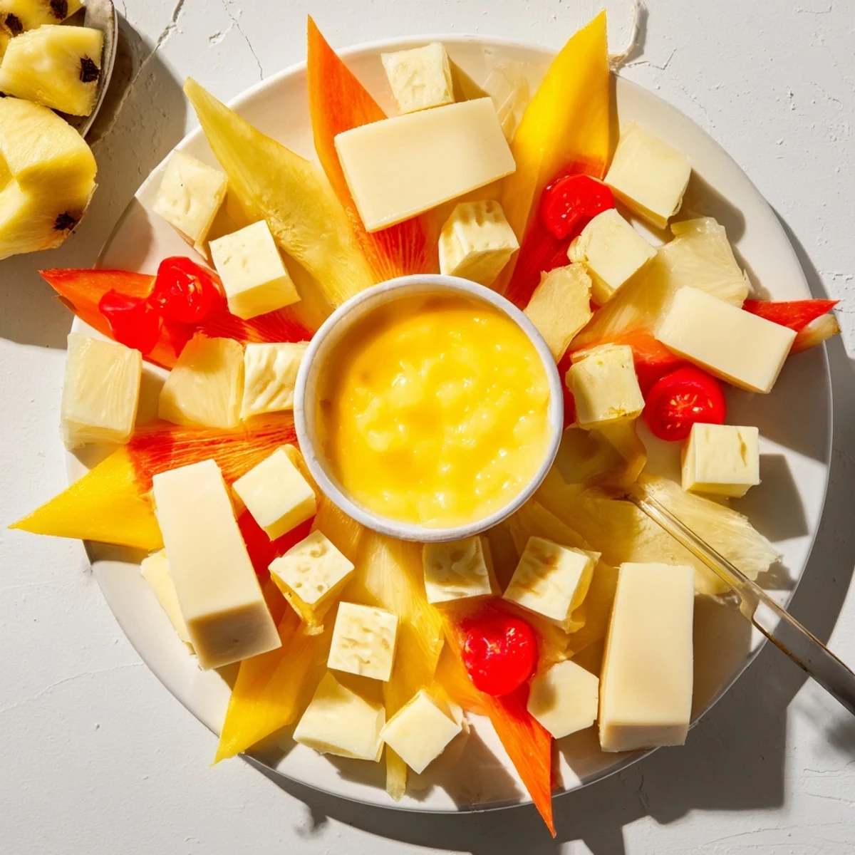 A sunny spread of the Citrus Burst grazing board, featuring bright fruits, cheese, and crackers.