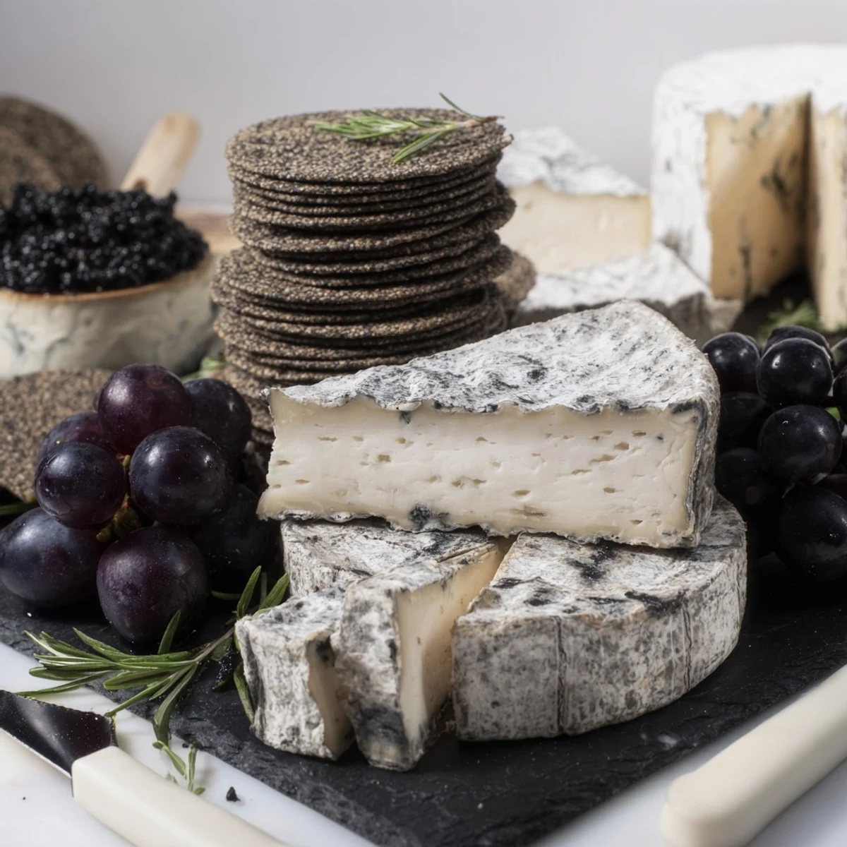 Elegant Monochrome Gray Stone Cheese Board, complete with ash-rinded cheese and dark crackers.