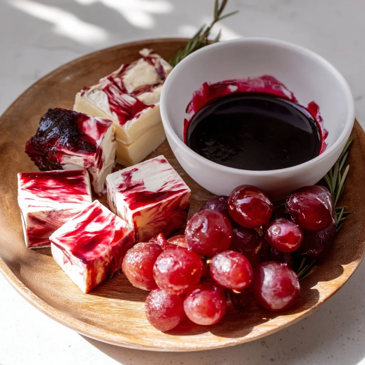 A stunning Ruby Red Wine Stain Board: a vibrant, artful appetizer with red wine-soaked delicacies.