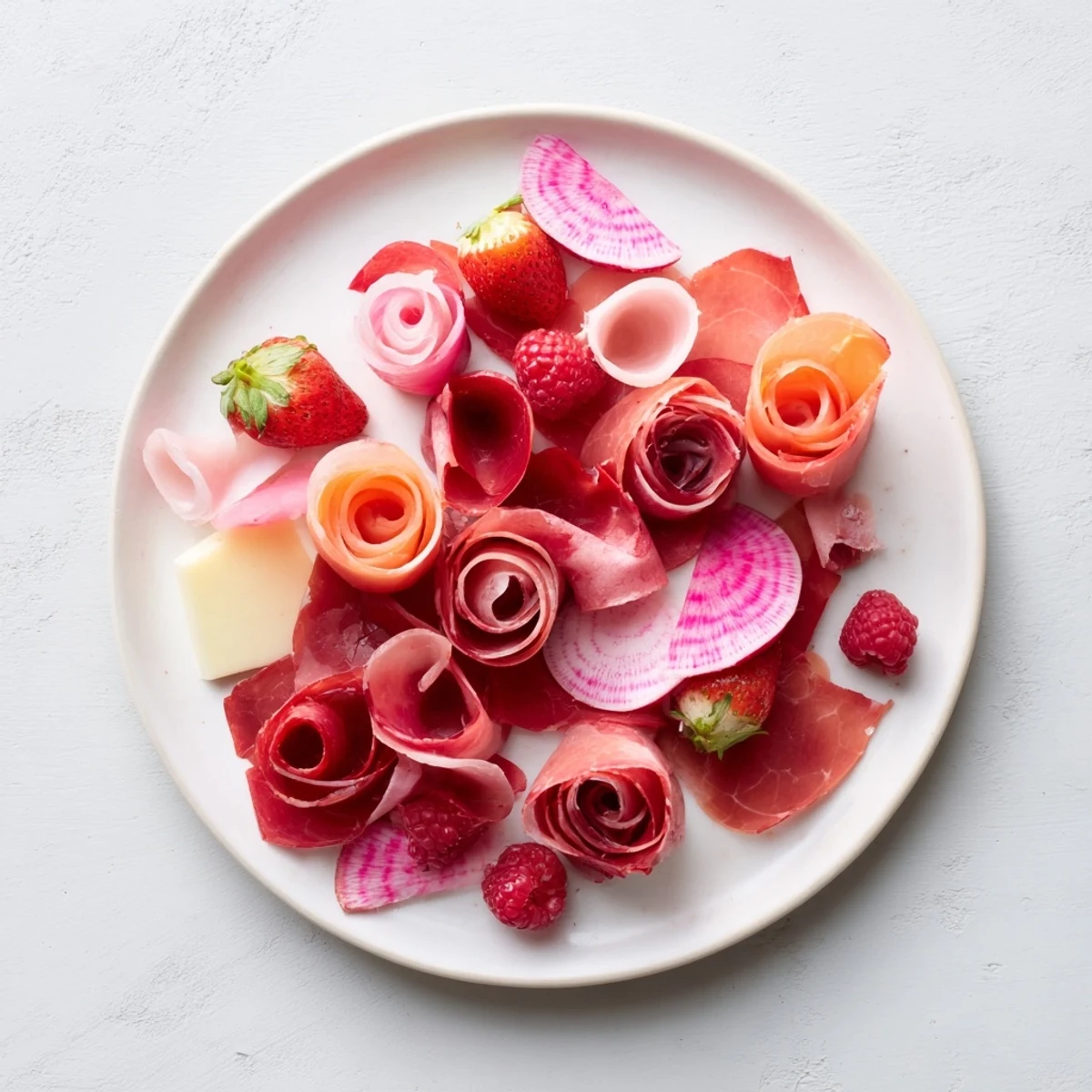 Enjoy a stunning Pink Petal Watercolor Wash, featuring thinly sliced radishes and berries for a colorful presentation.