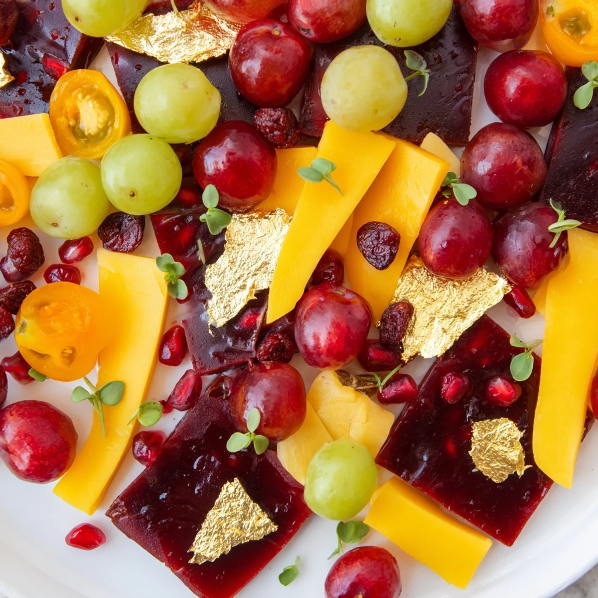 Crimson & Gold Gala appetizer platter: vivid red cherries and gold-leaf crackers beckon.