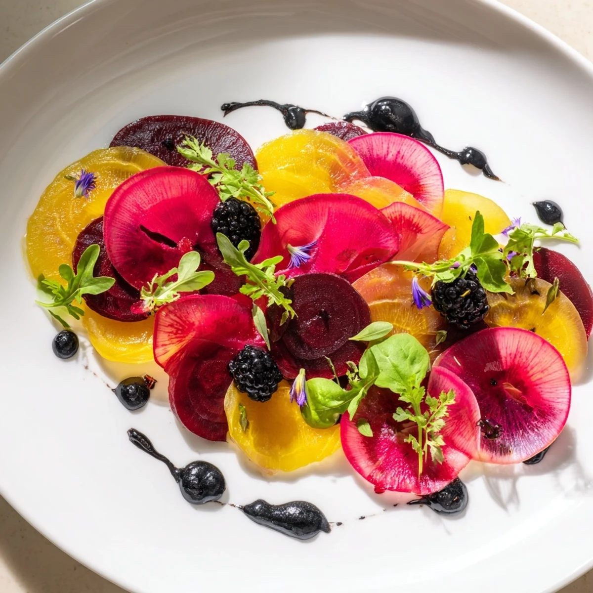 Artful layers of golden beets and blackberries make up this Shadow Play appetizer.