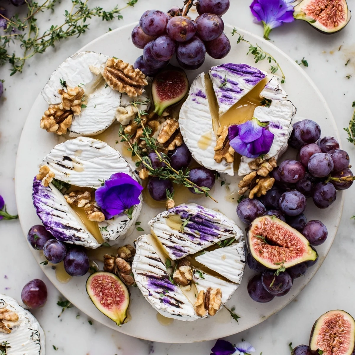 Elegant The Lavender Haze cheese platter with goat cheese, brie, fruit, and honey, ready to serve.