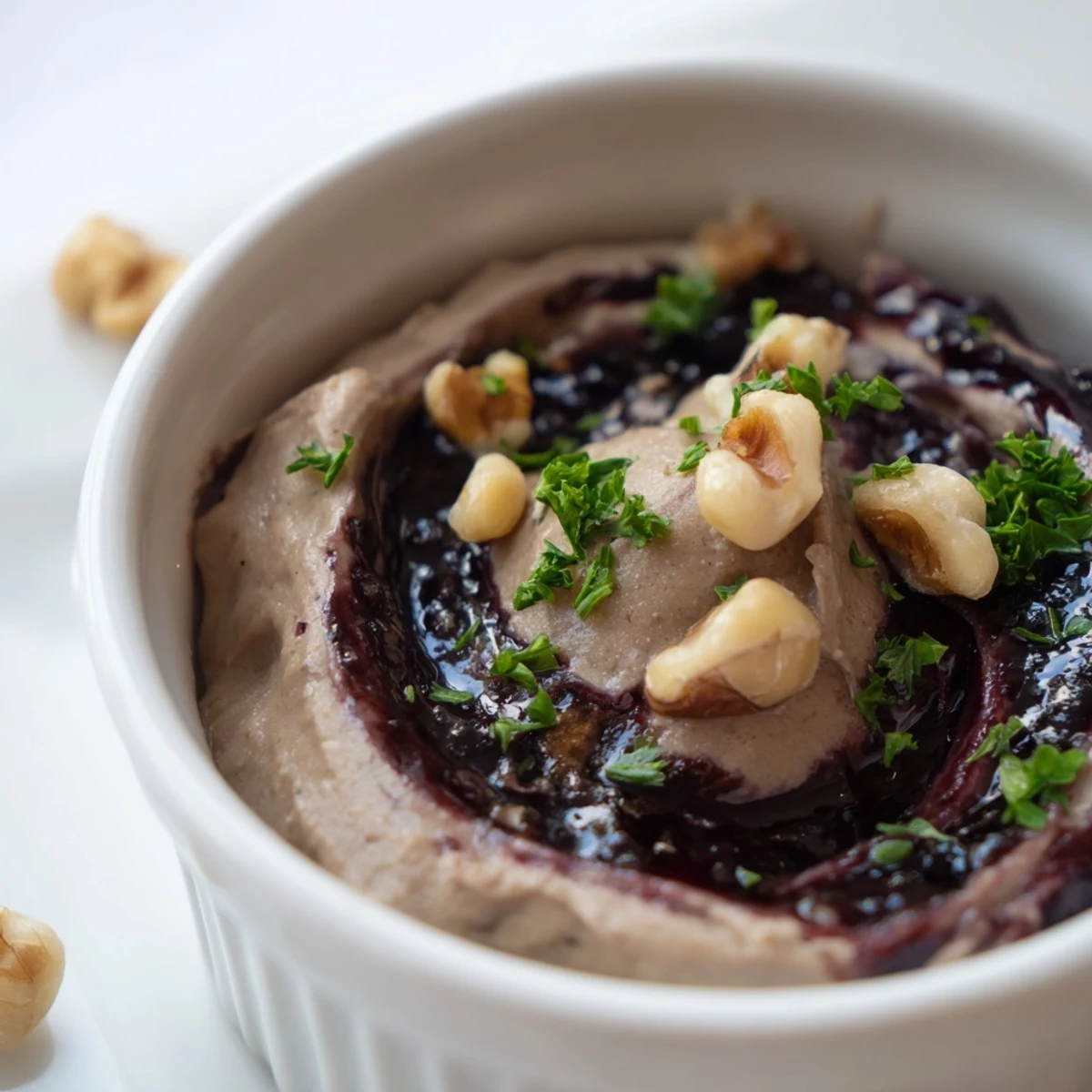 Creamy layers of The Velvet Underground appetizer with vibrant fig and blackcurrant jam bursts.