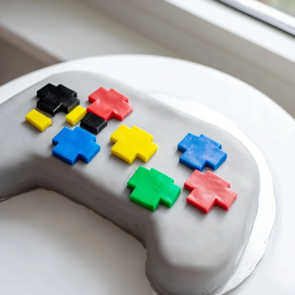 Moist vanilla layers create this visually striking Pixel Video Game Controller Cake, ideal for a gamer's birthday party.