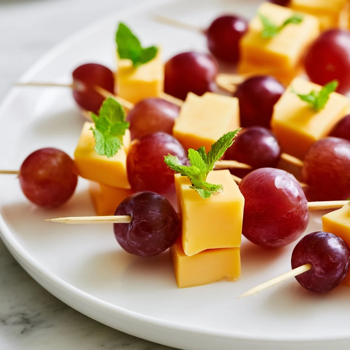 Cheese & Grape Skewers: Colorful skewers with cheddar, gouda, and juicy grapes, a perfect party appetizer.