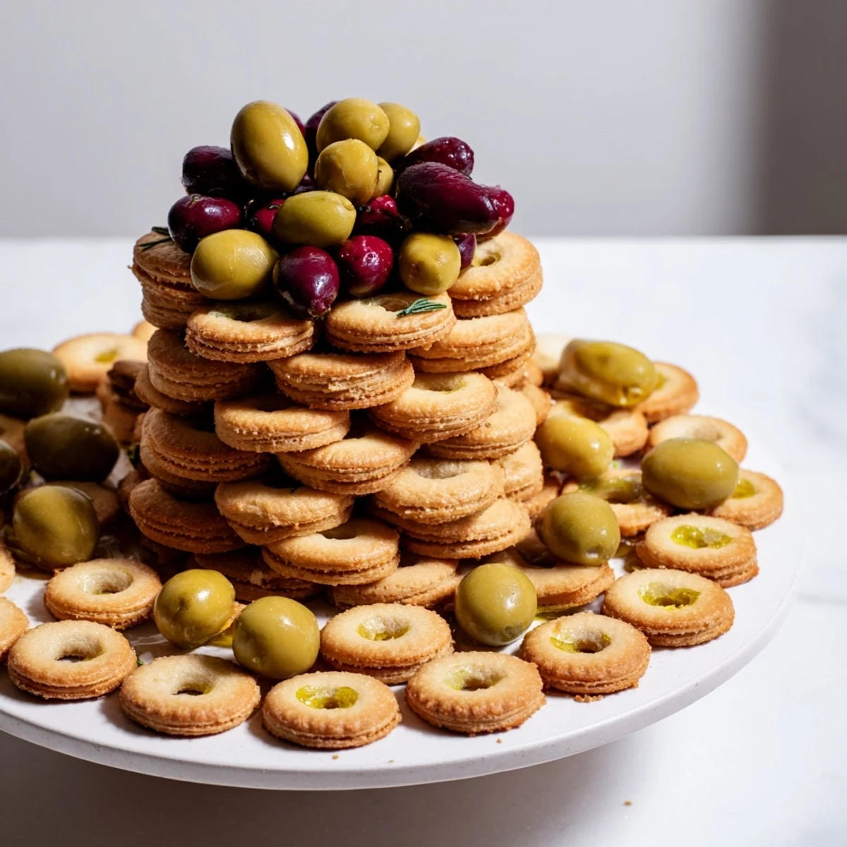 The Roman Colosseum snack platter with olives and crackers, a perfect Italian-inspired appetizer.