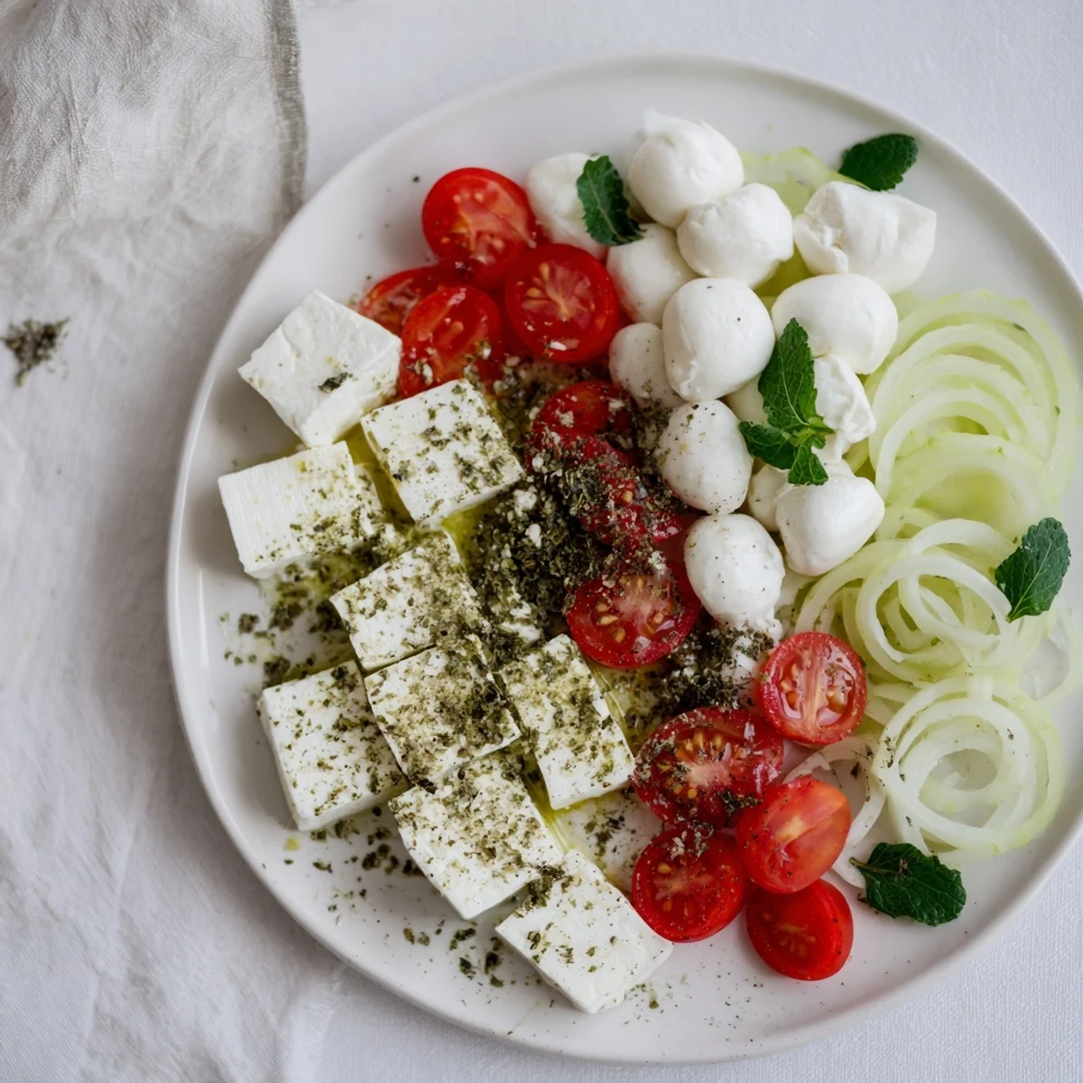 A refreshing Mediterranean Sun-Drenched Patio mezze board with feta, olives, and crispbread ready to enjoy.