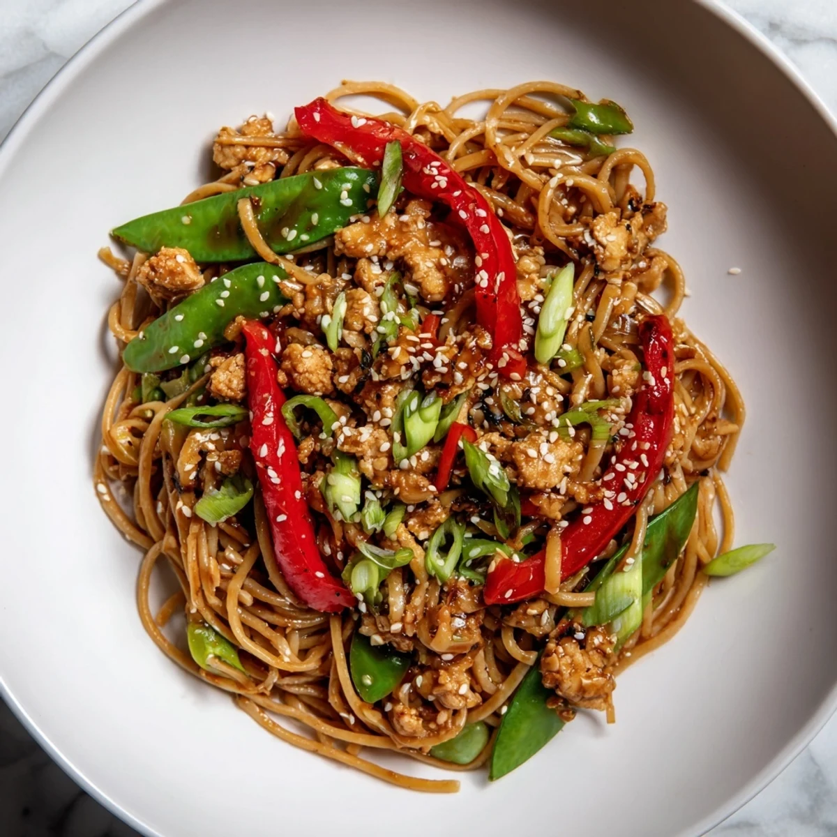 Steaming sesame hoisin ground chicken pasta, a delicious stir-fry with vibrant vegetables and sesame seeds.