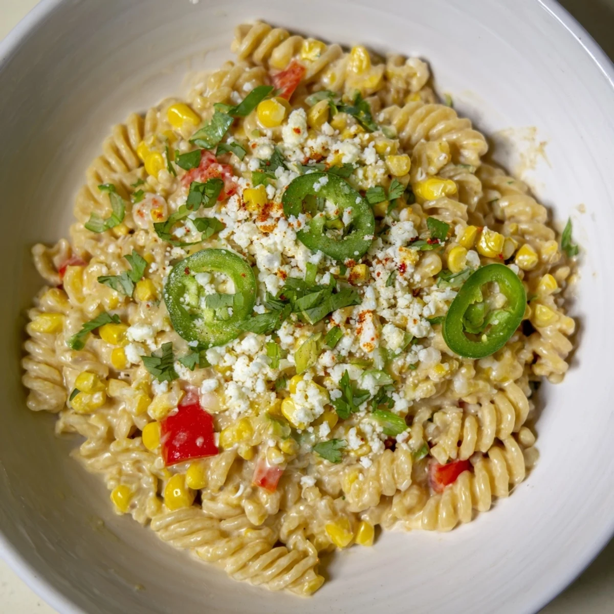 A close-up of creamy One-Pot Mexican Street Corn Pasta, topped with fresh cilantro and cotija.