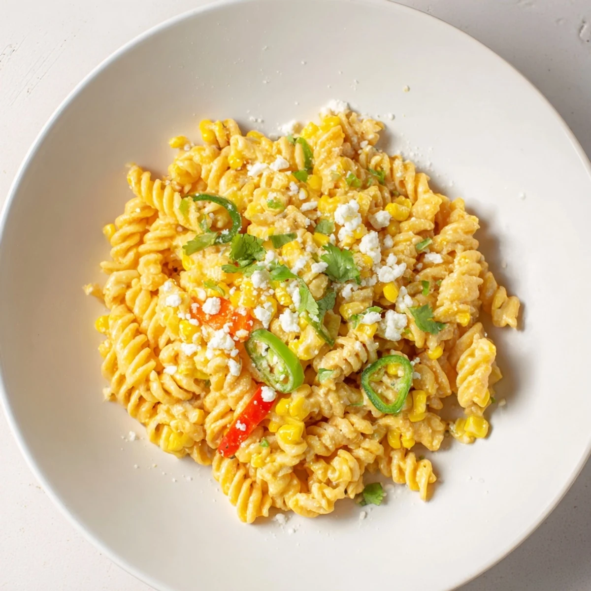 One-Pot Mexican Street Corn Pasta, a flavorful vegetarian meal, is beautifully presented with zesty lime wedges.