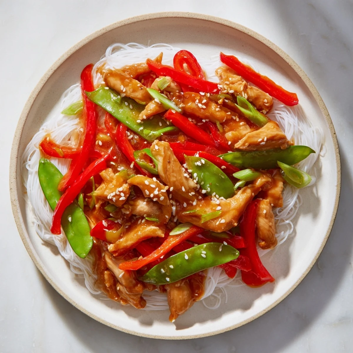 Vibrant Mongolian Chicken over rice noodles, a savory meal with glistening sauce and fresh spring onions.