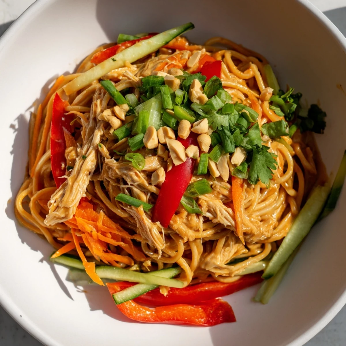 Close up revealing the creamy peanut sauce coating the vibrant Thai-Inspired Peanut Chicken Pasta with fresh cilantro.