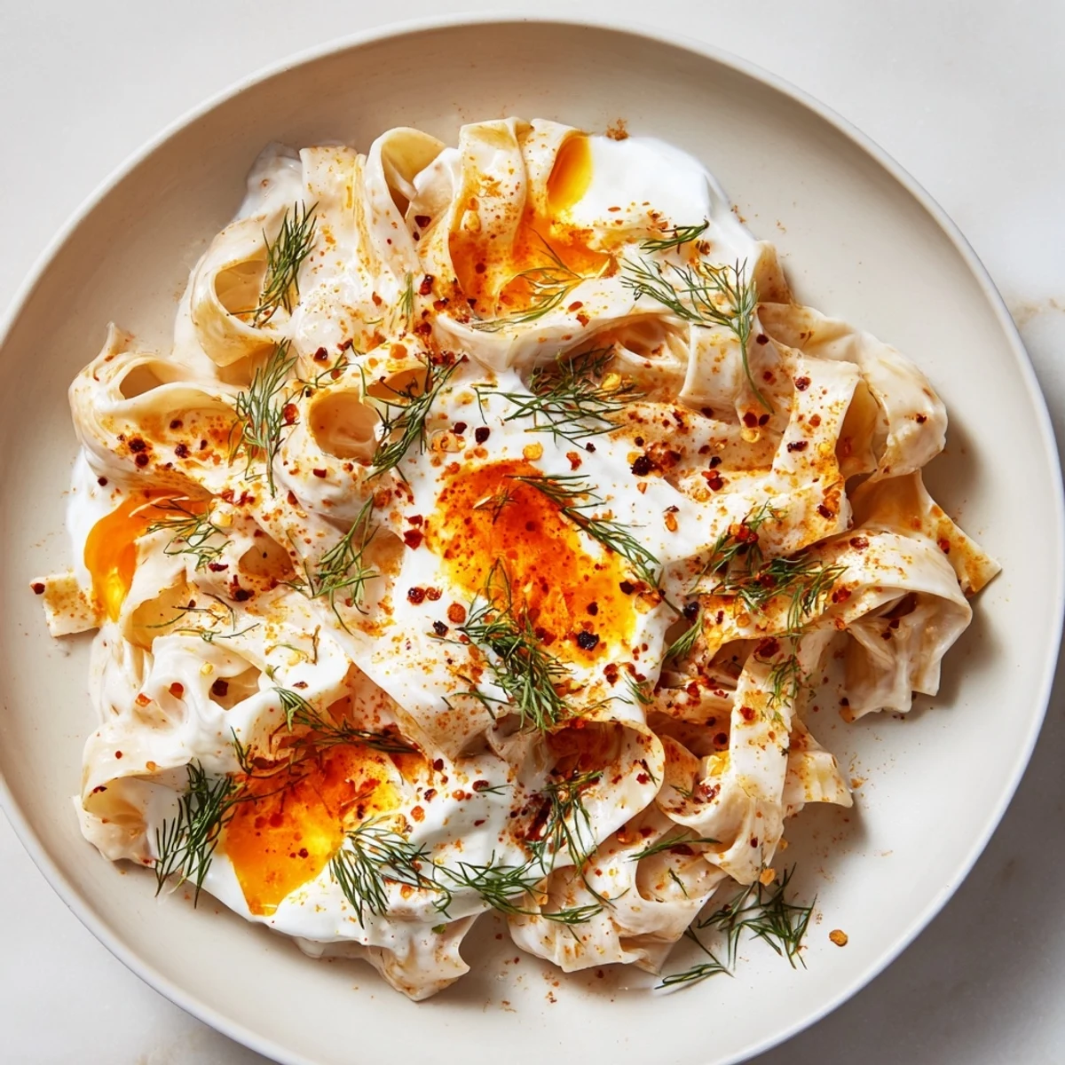 Close-up of Turkish Pasta with Paprika Butter, creamy yogurt and spicy red chili butter.