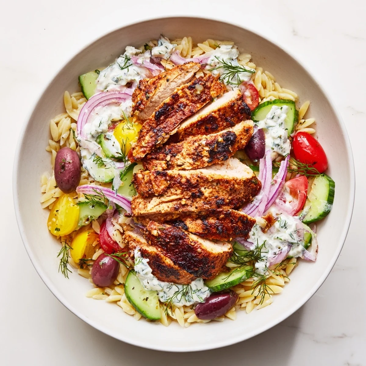 Greek Chicken Gyro Pasta Bowls shown with tender grilled chicken, fresh veggies, and creamy feta drizzle, a colorful meal!