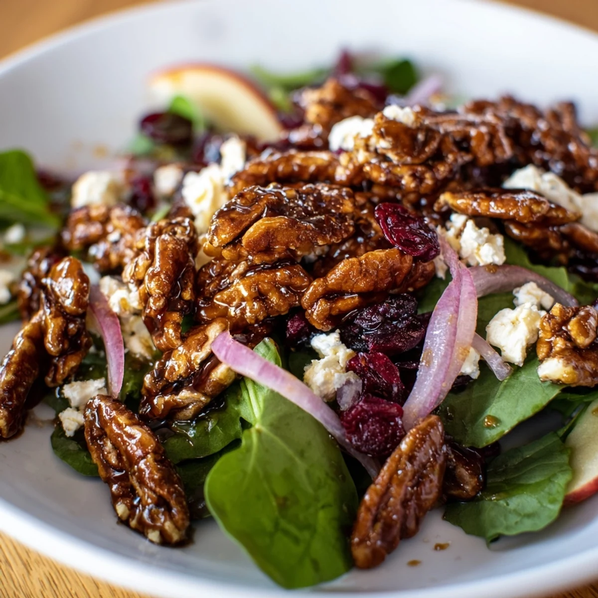 Fresh, vibrant Gingerbread Spiced Candied Pecan Salad with goat cheese and maple vinaigrette dressing.