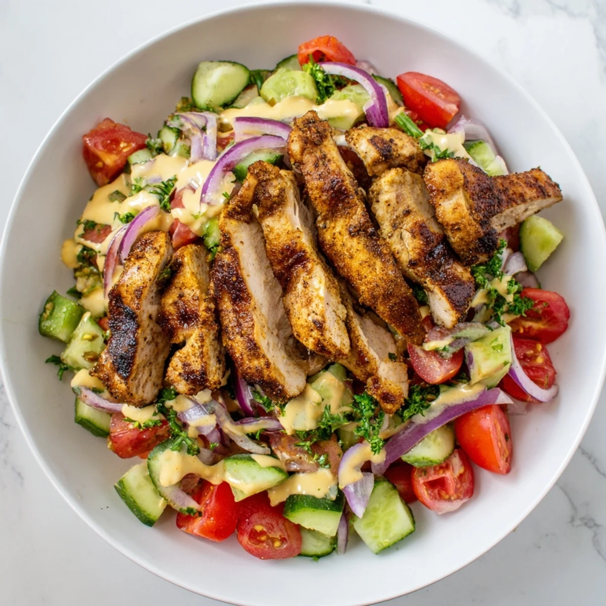 Chicken Shawarma Salad, a colorful medley, features juicy chicken and creamy tahini dressing.