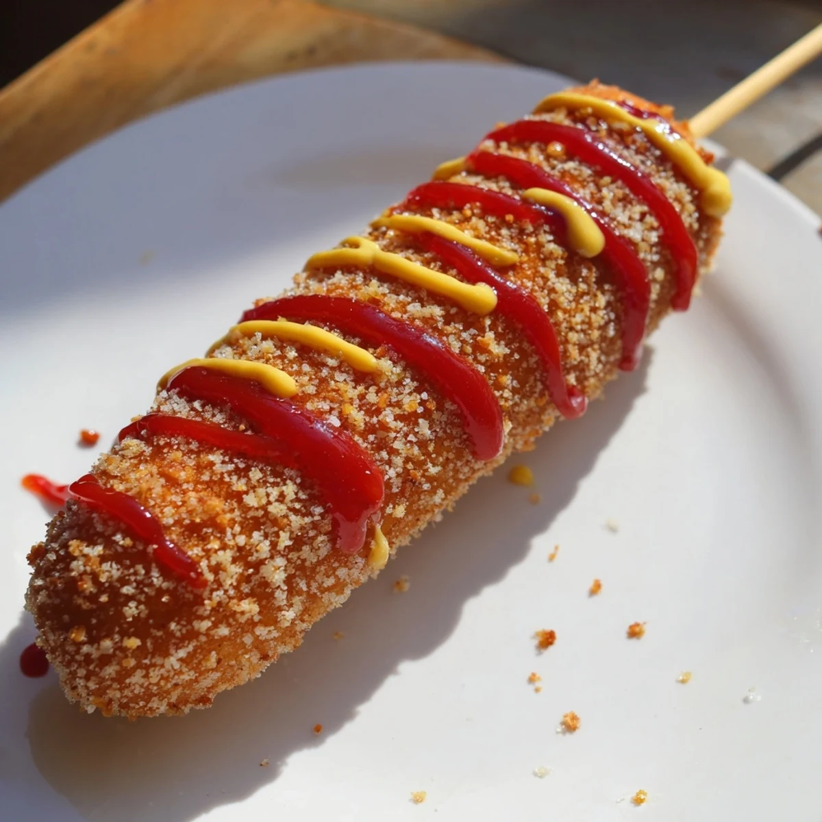 Golden-brown Korean-inspired corn dogs, crispy from a deep fry, ready for dipping in ketchup.