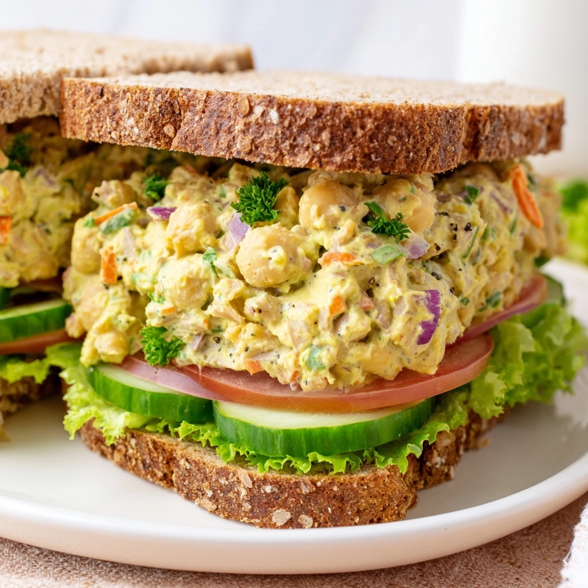Creamy chickpea salad sandwich on whole-grain bread, showcasing fresh veggies ready for a delicious lunch.