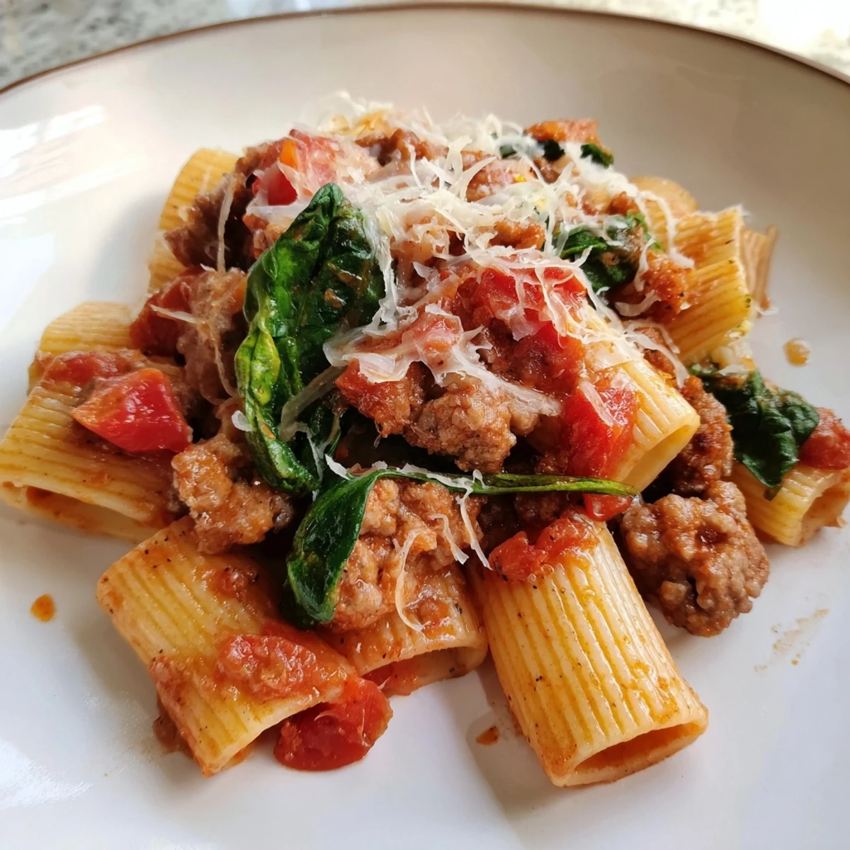 One-Pot Italian Sausage Tomato Pasta simmering in a skillet, filled with savory sausage and tomatoes.