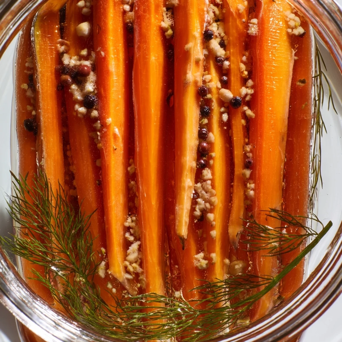 Homemade Quick Pickled Carrot Spears with a zesty, vinegar brine alongside optional fresh dill and spices.