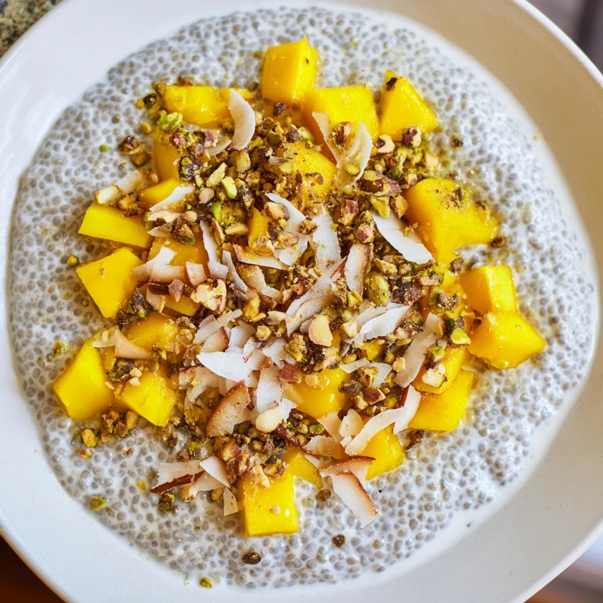 A beautiful close-up of Mango Coconut Chia Pudding, garnished with toasted coconut flakes.