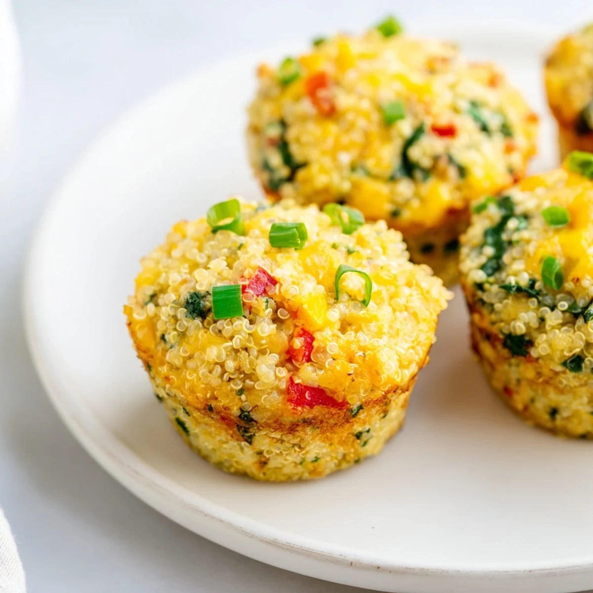 Golden brown baked cheddar quinoa bites with vibrant vegetables, perfect appetizer.
