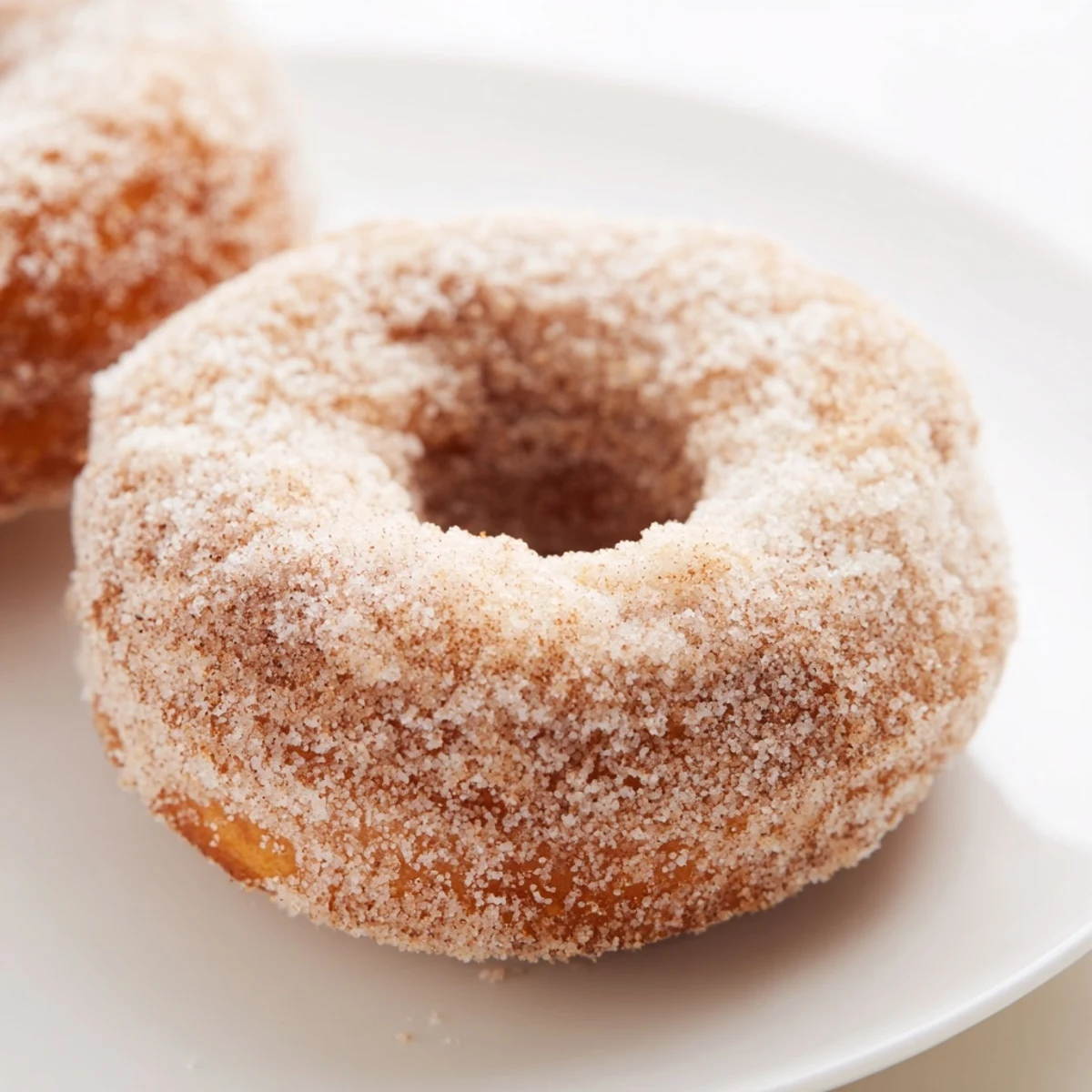 Homemade cinnamon-sugar baked donuts, showing their soft textures after being fresh from oven.