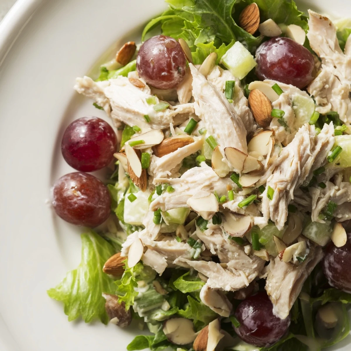 Creamy, flavorful Crispy Chicken Salad with juicy grapes, ready for a light lunch.